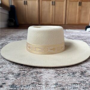 Lack of Color Cream Felt Wide-Brim Hat with Gold Trim